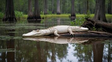 An albino alligator resting on a log in a serene swamp environment. photo