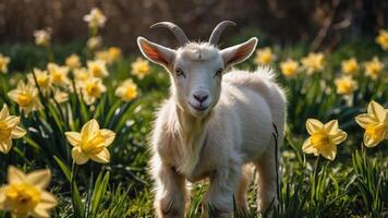 A playful goat stands among blooming daffodils in a vibrant spring setting. photo