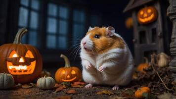 A cute guinea pig surrounded by carved pumpkins and autumn leaves, creating a festive scene. photo