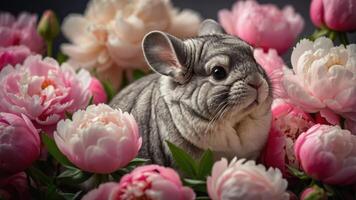 A gray chinchilla nestled among pink peonies, creating a serene and charming scene. photo
