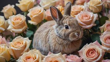 A cute rabbit nestled among soft pink roses, creating a serene and charming scene. photo