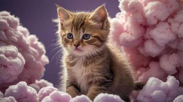 A fluffy kitten surrounded by pink cotton candy-like clouds, evoking a whimsical atmosphere. photo