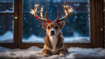 A festive dog with antlers sits by a snowy window, evoking holiday cheer. photo