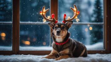 A dog wearing reindeer antlers sits in the snow by a window, evoking a festive atmosphere. photo