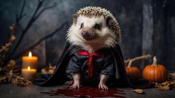A hedgehog dressed as a vampire sits on a spooky backdrop with pumpkins and candles. photo