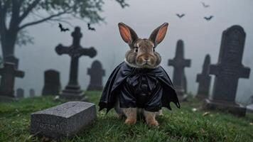A rabbit in a black cape poses in a foggy graveyard with tombstones and bats. photo