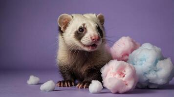 A playful ferret surrounded by colorful cotton candy on a pastel background. photo