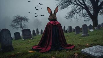 A surreal scene of a rabbit in a cloak, surrounded by gravestones in a foggy cemetery. photo