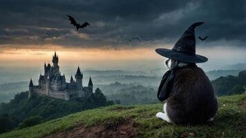 A whimsical scene of a rabbit in a witch's hat gazing at a castle under a moody sky. photo