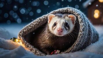 A cozy ferret nestled in a knitted blanket amidst a snowy backdrop with festive lights. photo