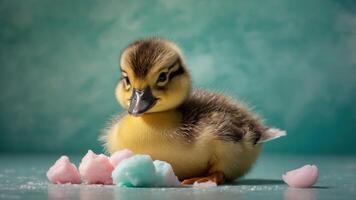 A cute duckling sits among colorful cotton candy, creating a whimsical and playful scene. photo