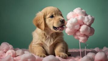 A playful puppy enjoying cotton candy on a soft pink backdrop. photo