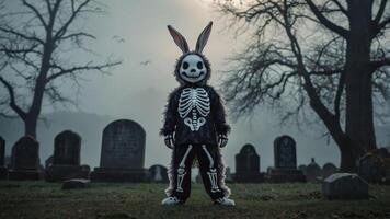 A spooky figure in a skeleton costume with rabbit ears stands in a foggy graveyard. photo
