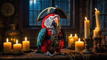 A colorful parrot dressed as a pirate, surrounded by candles in a dimly lit setting. photo