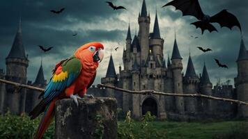 A colorful parrot in front of a dark, mysterious castle with bats flying overhead. photo