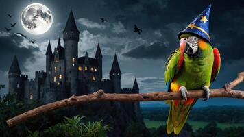 A colorful parrot wearing a wizard hat perched on a branch in front of a castle under a full moon. photo