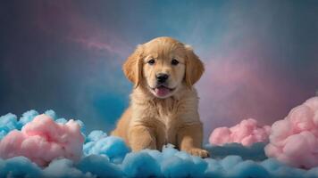 A playful golden retriever puppy surrounded by colorful cotton candy clouds. photo
