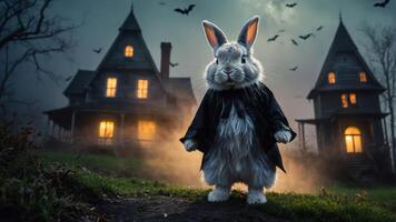 A spooky rabbit in a dark coat stands in front of a haunted house under a night sky. photo