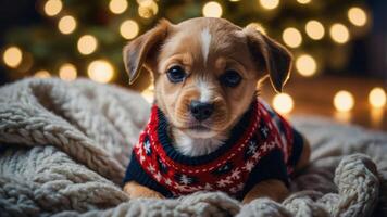A cute puppy in a festive sweater, resting on a cozy blanket with warm lights in the background. photo