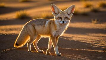 A fennec fox stands in a desert landscape, showcasing its large ears and distinctive features. photo