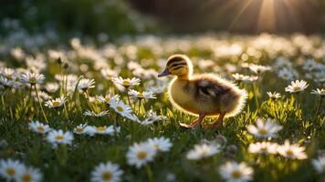 A duckling walks through a field of daisies, illuminated by soft sunlight. photo