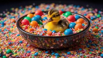 A duckling nestled in a bowl surrounded by colorful candy and sprinkles. photo