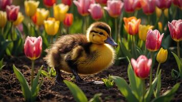 A duckling stands among colorful tulips in a garden setting, showcasing nature's beauty. photo