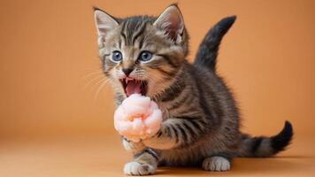 A playful kitten holds a pink ice cream scoop, showcasing its cute expression and playful nature. photo
