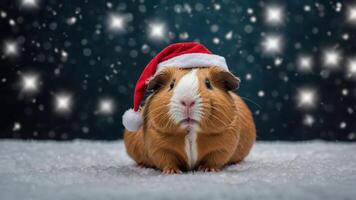 A cute guinea pig wearing a Santa hat against a festive, starry background. photo