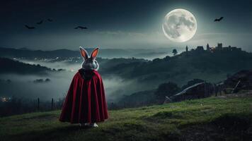 A whimsical scene featuring a rabbit in a cape gazing at a full moon over a misty landscape. photo