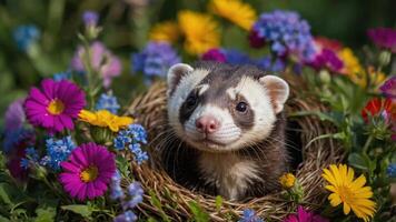 A ferret nestled in a nest surrounded by vibrant flowers. photo