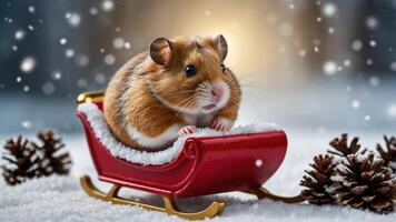 A cute hamster sits in a red sleigh surrounded by snow and pine cones, evoking a festive mood. photo