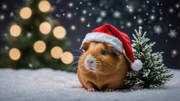A festive guinea pig wearing a Santa hat next to a small decorated Christmas tree. photo