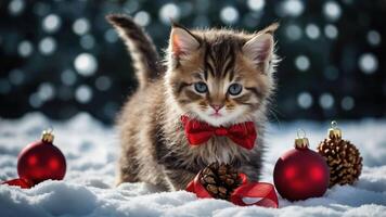 A playful kitten in a snowy setting, adorned with festive decorations and a red bow tie. photo