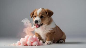 A playful puppy sits beside a fluffy pile of pink cotton candy, creating a whimsical scene. photo