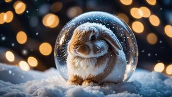 A rabbit sits peacefully inside a snow globe, surrounded by snow and warm, glowing lights. photo