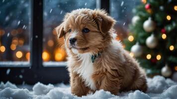 A fluffy puppy sits in snow, surrounded by a cozy holiday atmosphere with a Christmas tree. photo