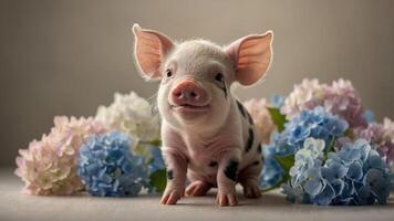 A cute piglet surrounded by colorful flowers, evoking a sense of joy and innocence. photo
