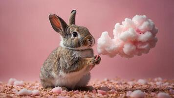 A cute rabbit holding cotton candy against a pink backdrop, creating a whimsical atmosphere. photo