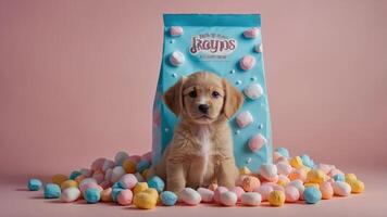 A puppy sits in a colorful setting surrounded by pastel marshmallow-like treats. photo