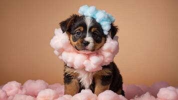 A cute puppy surrounded by fluffy cotton candy, creating a playful and whimsical scene. photo