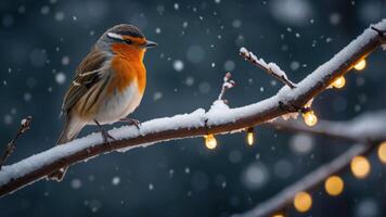 A bird perched on a snowy branch with glowing lights in a serene winter setting. photo