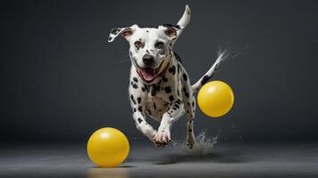 A playful Dalmatian dog jumps joyfully between two yellow balls. photo