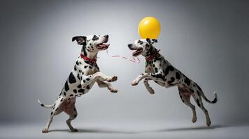 Two playful dogs jumping with a yellow balloon, showcasing joy and energy. photo