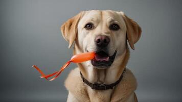 A Labrador retriever holds an orange toy in its mouth, posing against a gray background. photo
