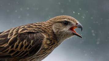 A close-up of a bird with its beak open, possibly calling or singing. photo