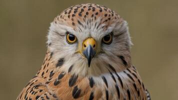 A close-up of a hawk, showcasing its sharp features and intense gaze. photo