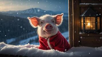 A cheerful piglet in a red outfit sits in the snow, with mountains and a lantern in the background. photo