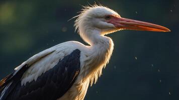 A close-up of a stork with a striking profile against a soft background. photo