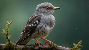 A close-up of a gray bird perched on a branch, showcasing its striking features. photo